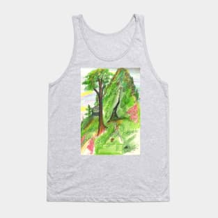 Green Grass Forest Land Trees Cave Mountain Woods Pink Sky Rock Colored Pencil Tank Top